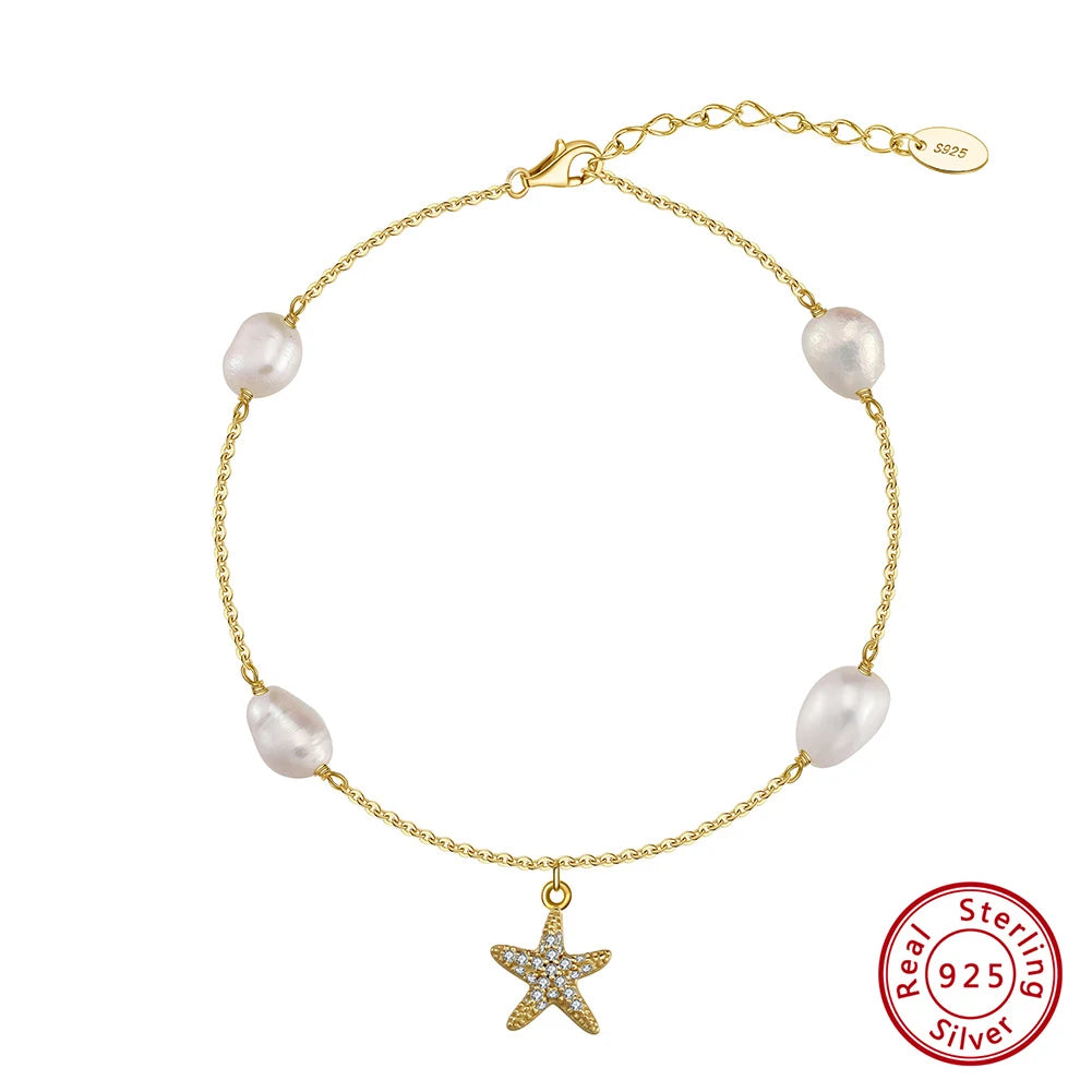 925 Sterling Silver Star & Pearl Charm Anklet – CZ Foot Chain