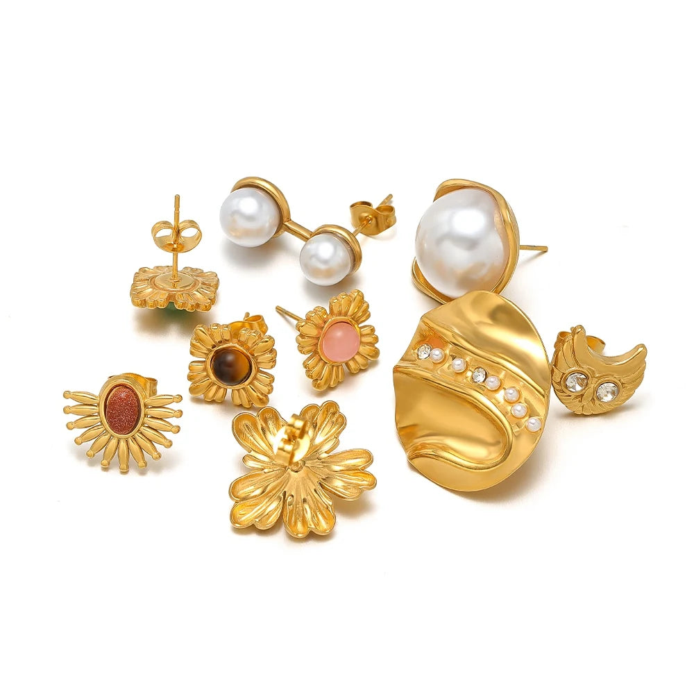 Gold Plated Pearl Flower Dangle Earrings for Women