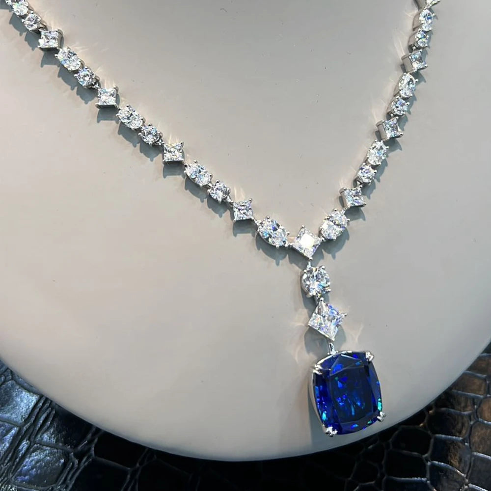 Wong Rain 925 Sterling Silver Cushion Cut Sapphire Pendant Necklace with Diamond Accents