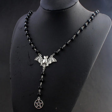 Gothic Silver Bat & Star Pendant Necklace – Black Bead Chain Jewelry