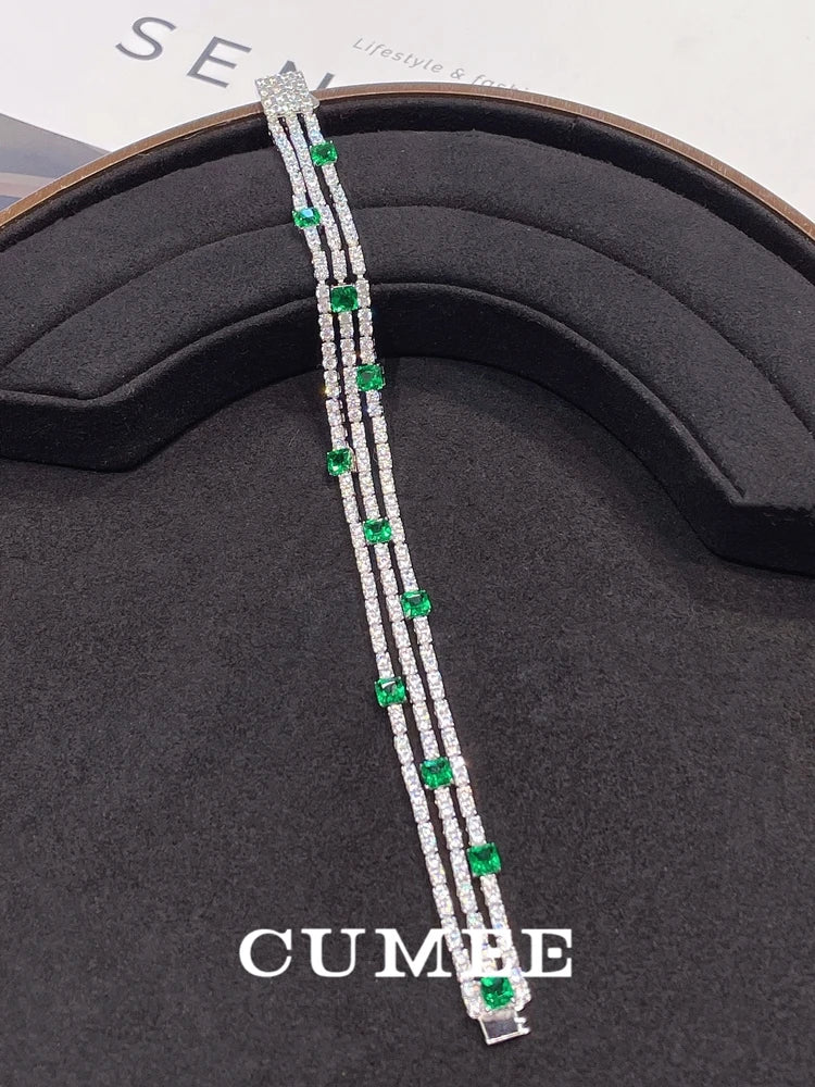 Trendy Synthetic Emerald Bracelet 925 Sterling Silver Gold-Plated Women’s Jewelry