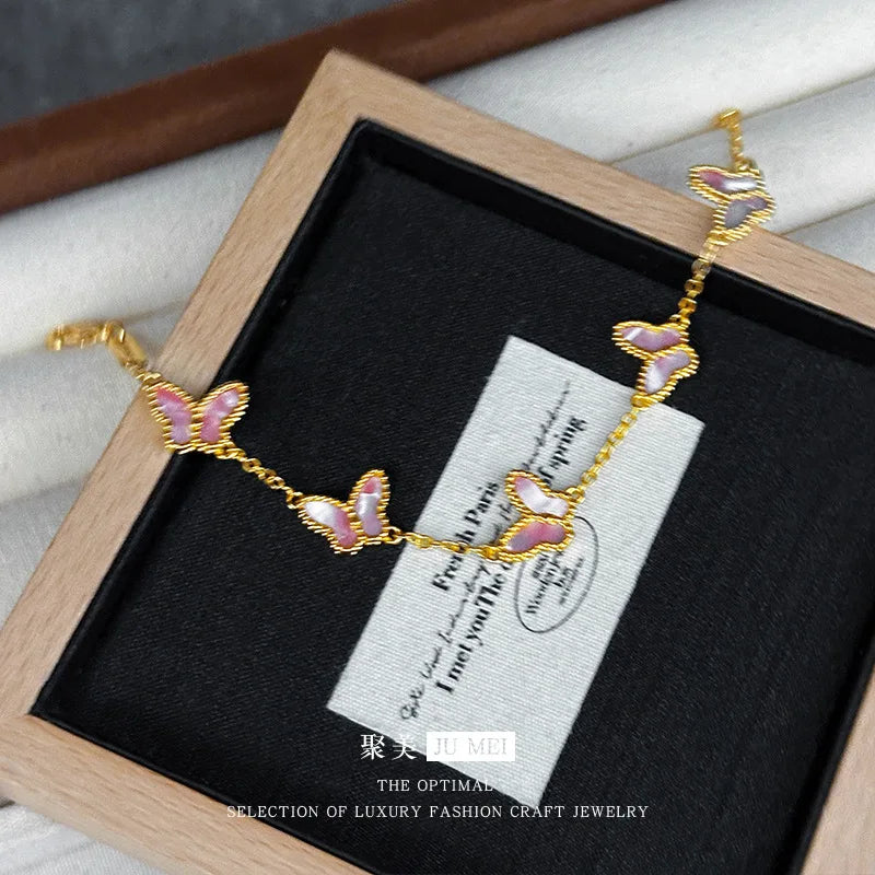 24K Real Gold Five Butterfly Bracelet Mother-Shell Pink Women’s Jewelry