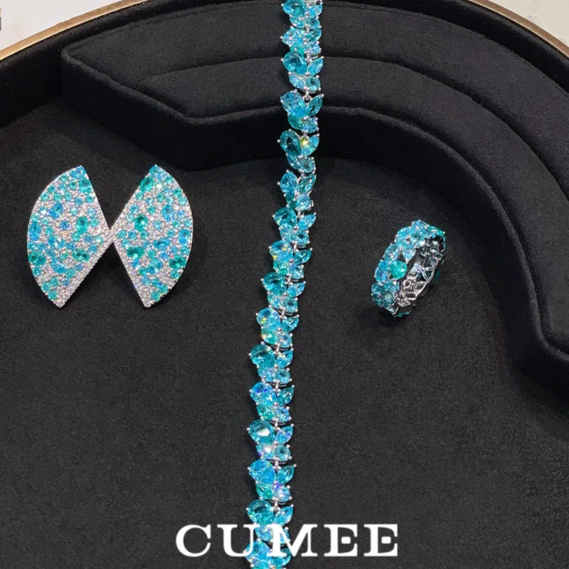 CUMEE Aquamarine Gemstone Bracelet Set 925 Sterling Silver Gold Plated