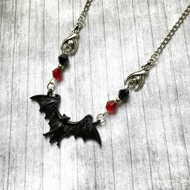 Gothic Black Bat Choker – Punk Crystal Bead Necklace for Women