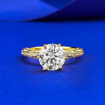 CKT S925 Sterling Silver Gold-Plated 8.0 Round White Diamond Ring for Women Classic Fine Jewelry