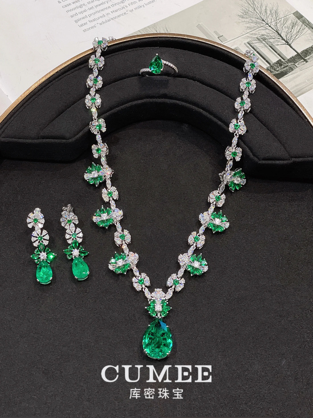 CUMEE Emerald Cubic Zirconia Chain Necklace 925 Sterling Silver Gold-Plated for Women