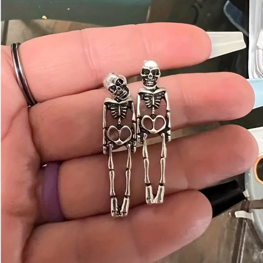 Halloween Silvery Skeleton Dangle Earrings – Retro Goth Jewelry for Girls