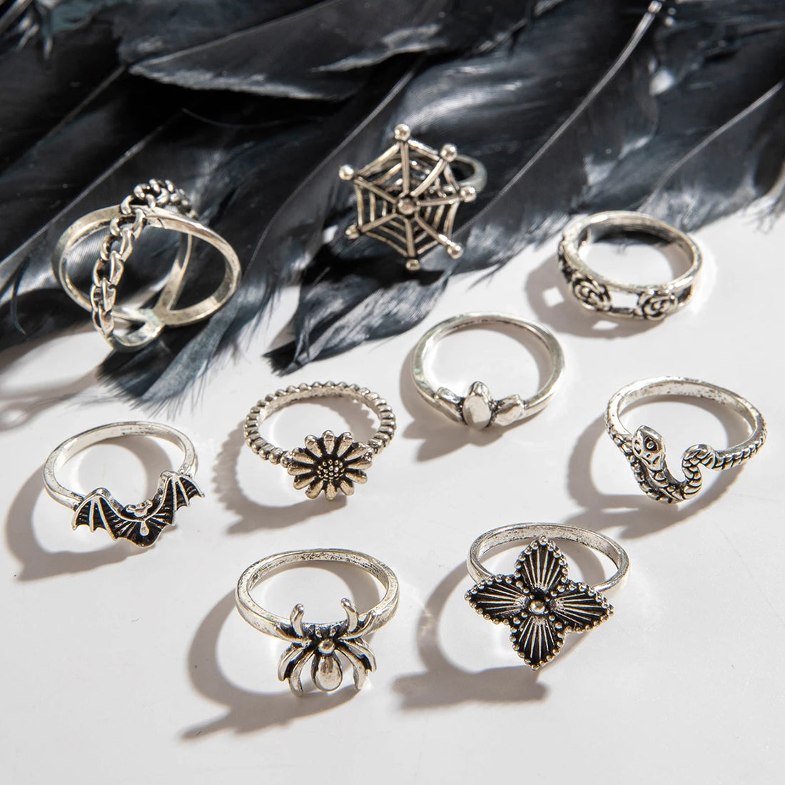 Tocona Gothic Skull & Spider Ring Set – Silver Halloween Jewelry