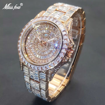 MISSFOX Men’s Hip Hop Watch Rose Gold Ice Out Diamond Stainless Steel