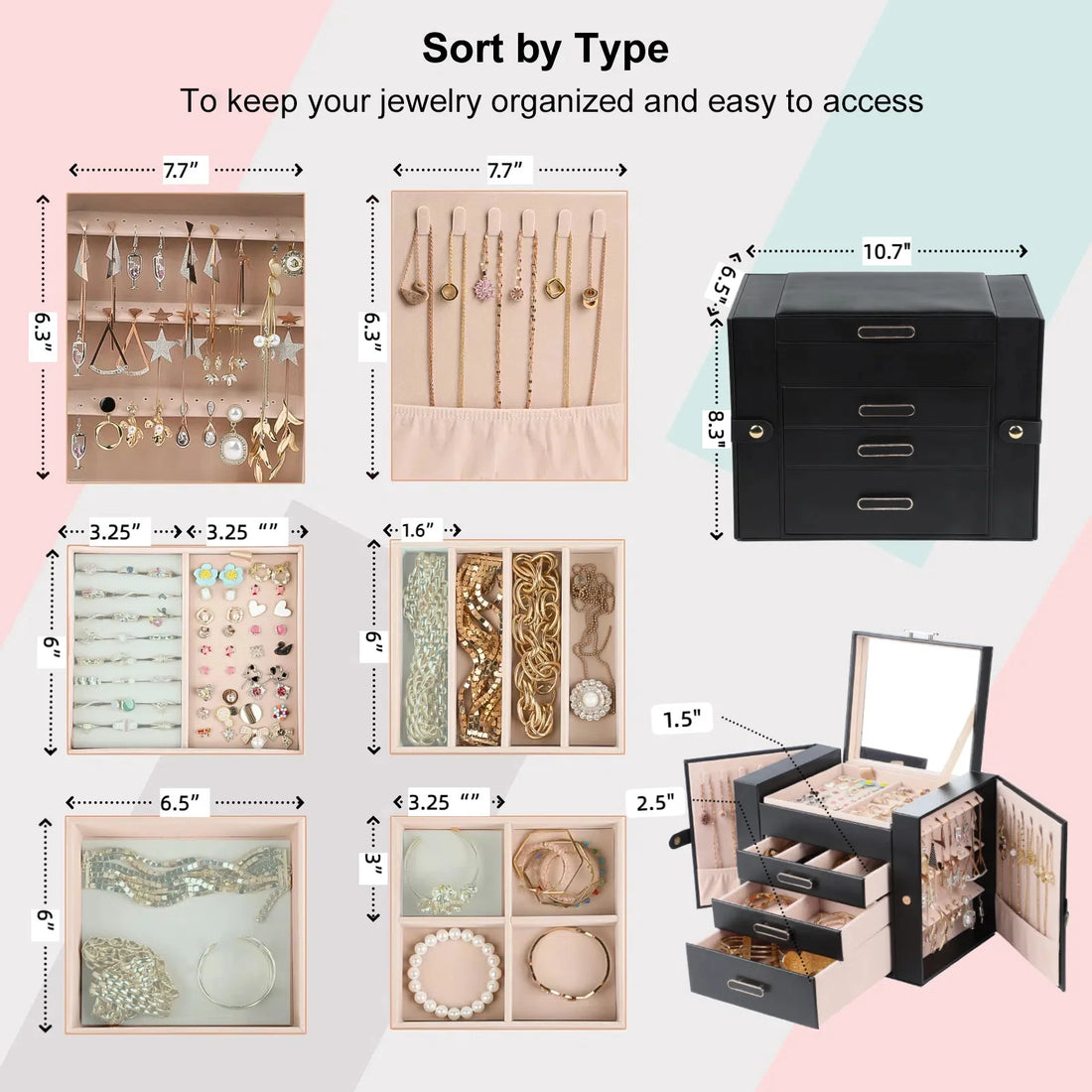 Luxury Leather Jewelry Box Organizer for Women – Necklace, Earring, Bracelet & Ring Storage