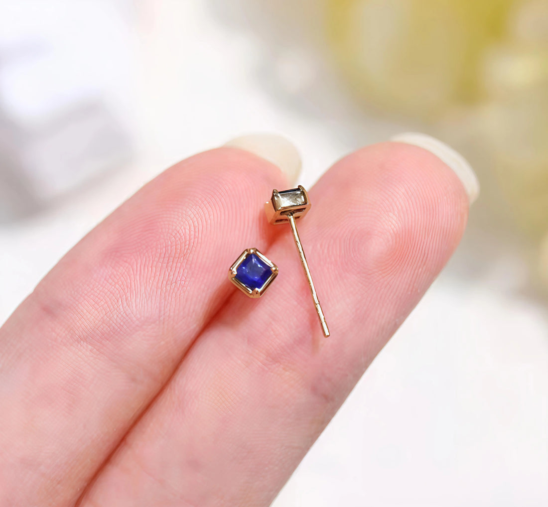 18K Solid Gold Blue Sapphire Bezel Stud Earrings for Women & Men Fine Jewelry