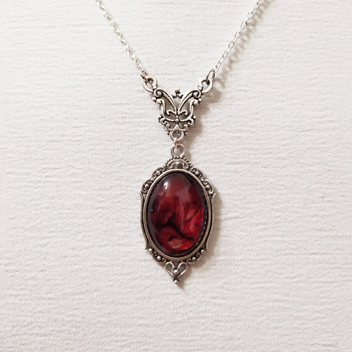 Vintage Gothic Butterfly Necklace – Blood Red Quartz Vampire Jewelry