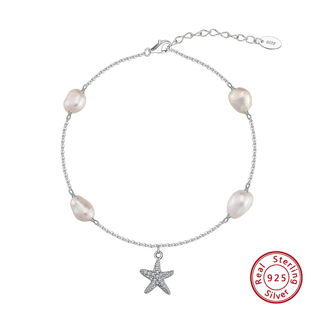 925 Sterling Silver Star & Pearl Charm Anklet – CZ Foot Chain