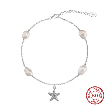 925 Sterling Silver Star & Pearl Charm Anklet – CZ Foot Chain