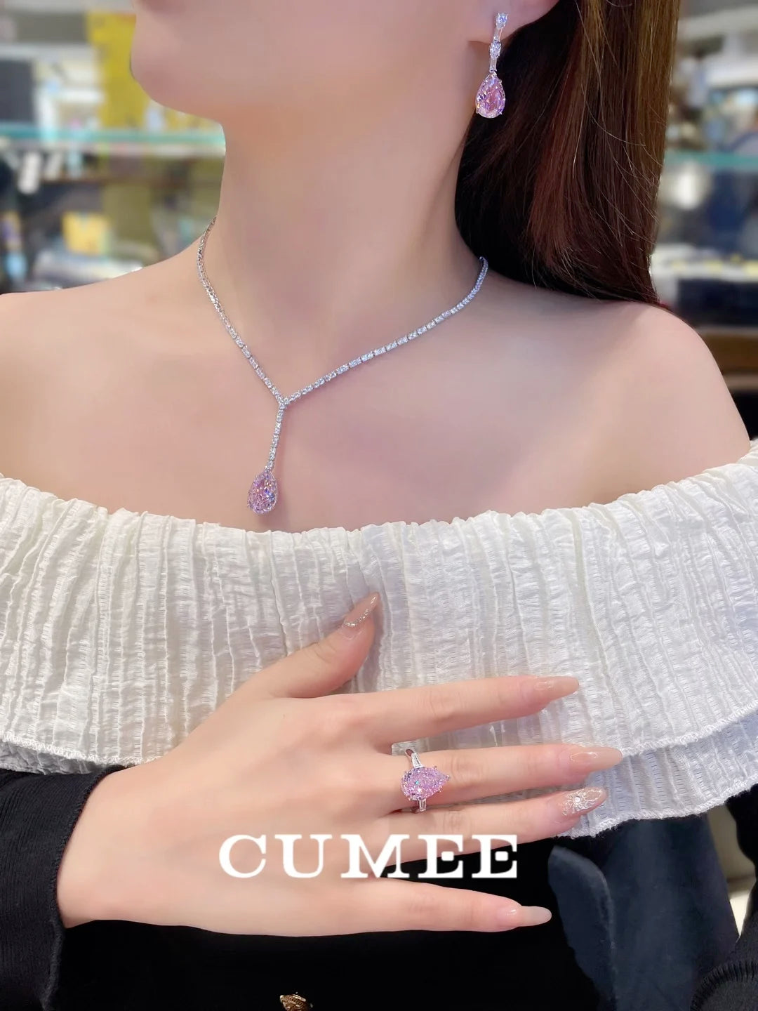 CUMEE S925 Sterling Silver Pear Pink Gemstone Ring for Women Gold Plated