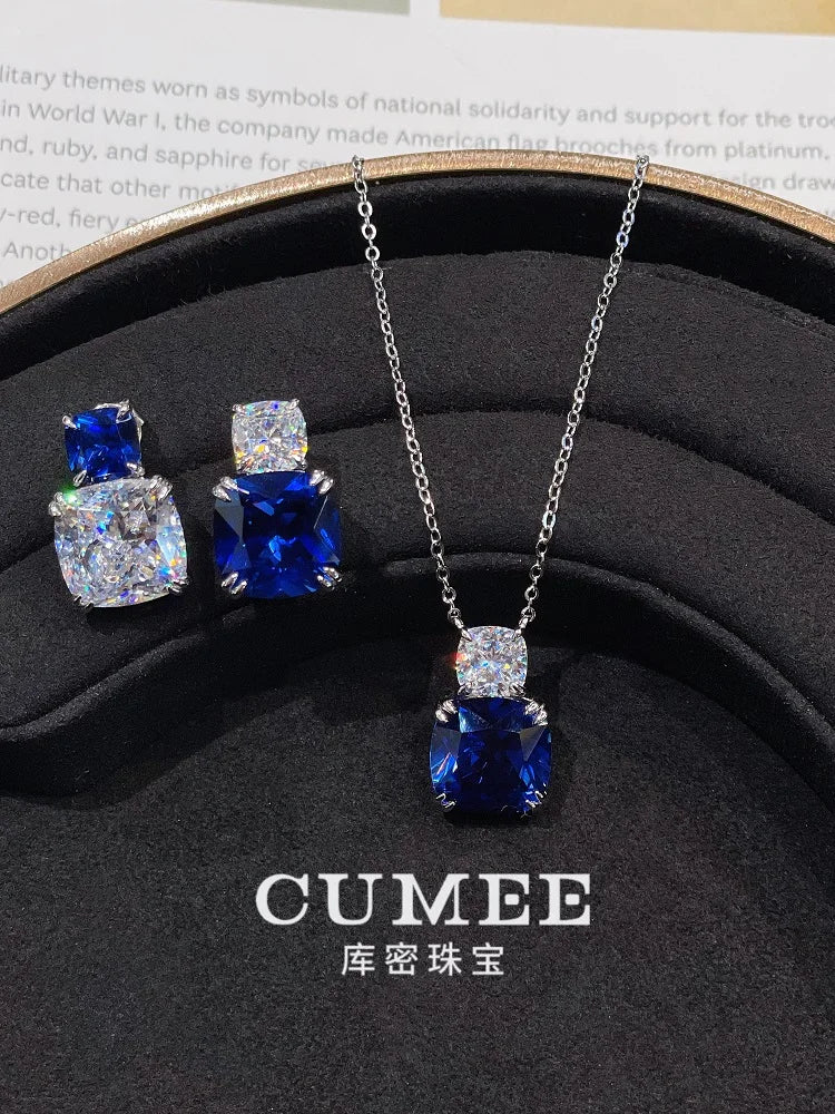 CUMEE S925 Sterling Silver Sapphire Stud Earrings for Women White Gold Plated Birthstone Jewelry