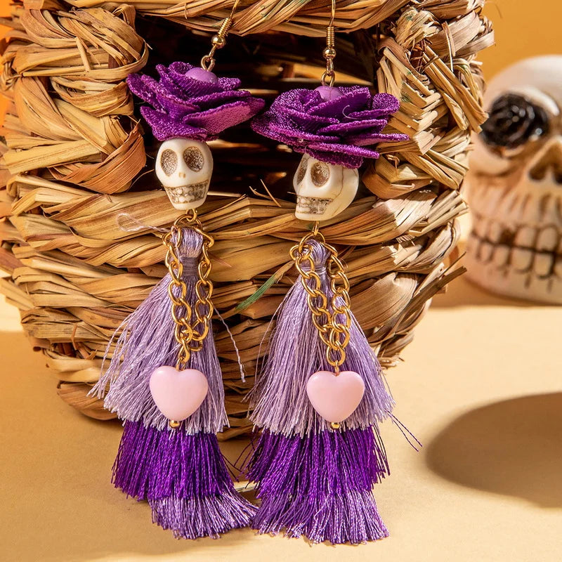 Halloween Skeleton Bride Tassel Earrings – Gothic Skull Dangles for Women