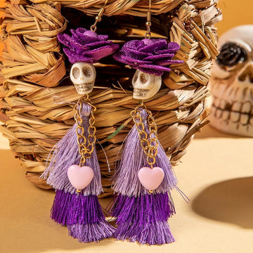Halloween Skeleton Bride Tassel Earrings – Gothic Skull Dangles for Women