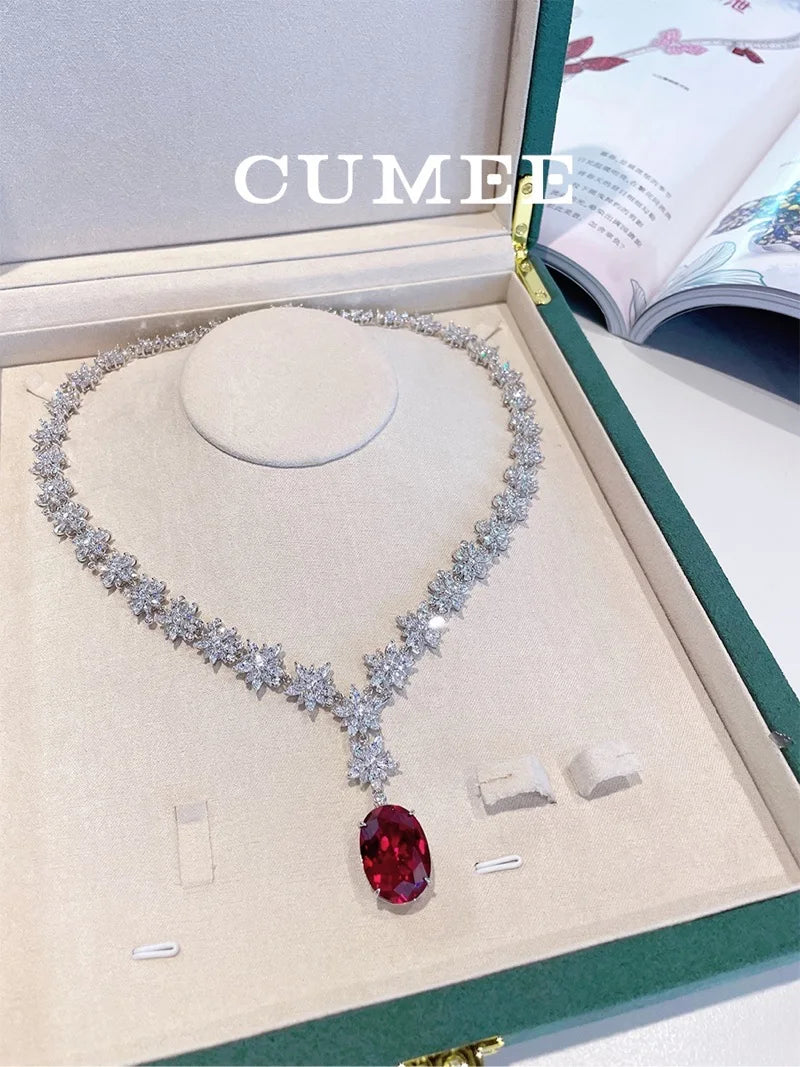 CUMEE Ruby Pendant Necklace 925 Sterling Silver Gold-Plated with Cubic Zirconia