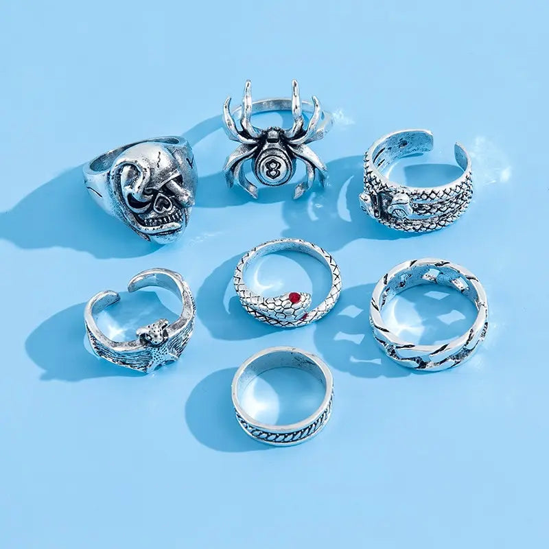 Gothic Skeleton Ring Set – Unisex Punk Butterfly & Frog Jewelry