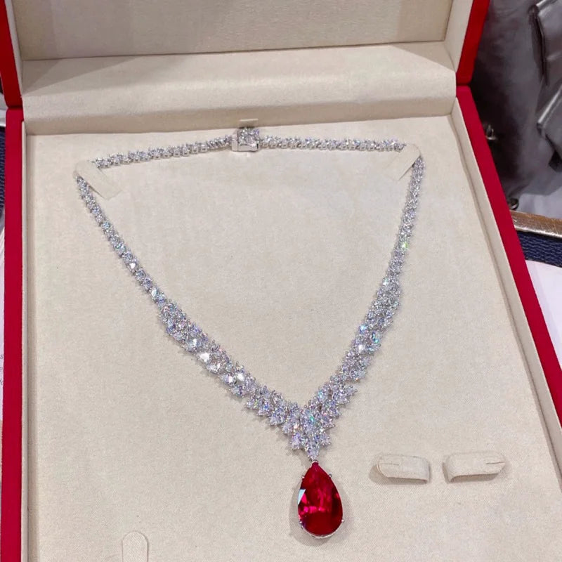Teardrop Pigeon Blood Red Ruby Pendant Necklace 925 Silver Gold-Plated