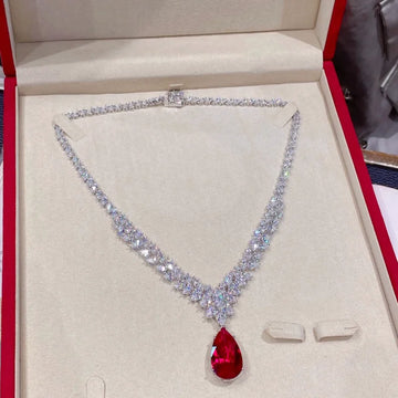 Teardrop Pigeon Blood Red Ruby Pendant Necklace 925 Silver Gold-Plated