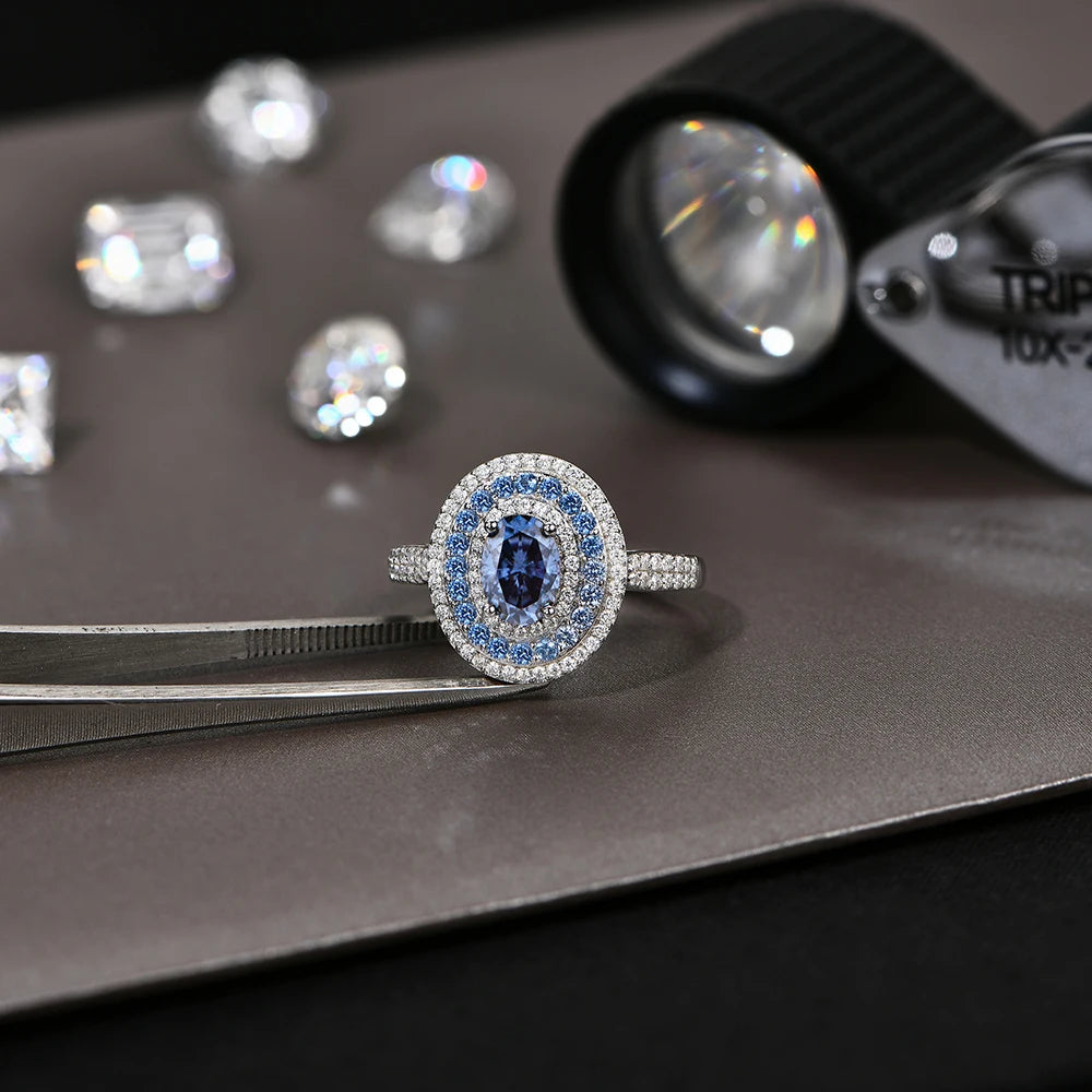 ATTAGEMS 1CT Oval Blue Moissanite Ring 925 Sterling Silver Women’s Engagement Jewelry