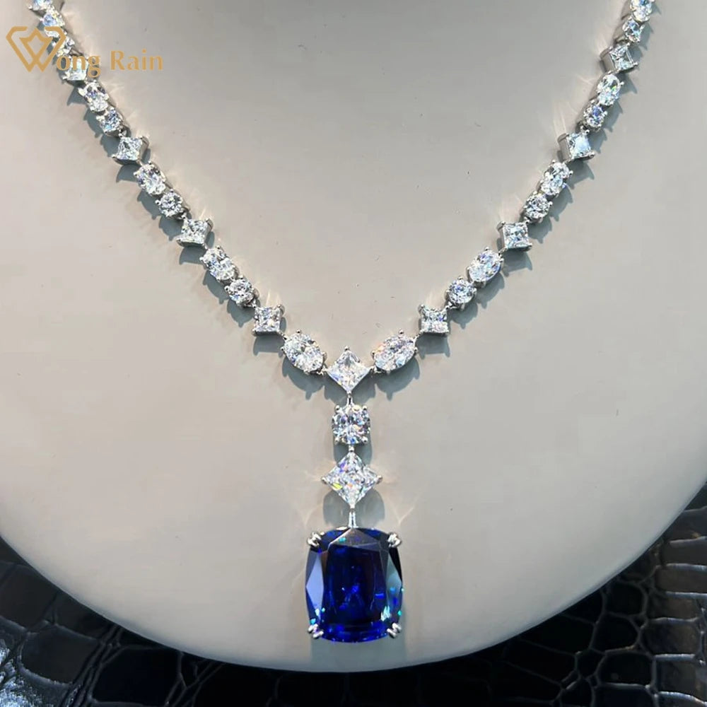 Wong Rain 925 Sterling Silver Cushion Cut Sapphire Pendant Necklace with Diamond Accents