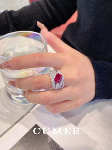 Wide Luxury Synthetic Ruby Ring for Women 925 Sterling Silver Gold & Silver Plated CZ