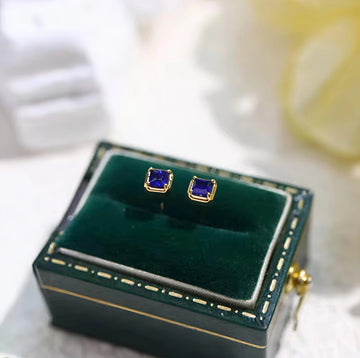 18K Solid Gold Blue Sapphire Bezel Stud Earrings for Women & Men Fine Jewelry
