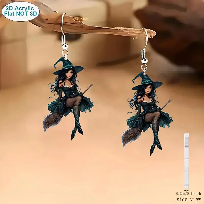 2D Acrylic Halloween Witch Earrings – Elegant Cartoon Magician Gift