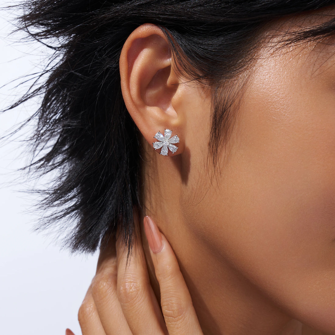 JIUZUAN 2pcs Pear Cut Moissanite Flower Stud Earrings S925 Silver 18K Gold Plated