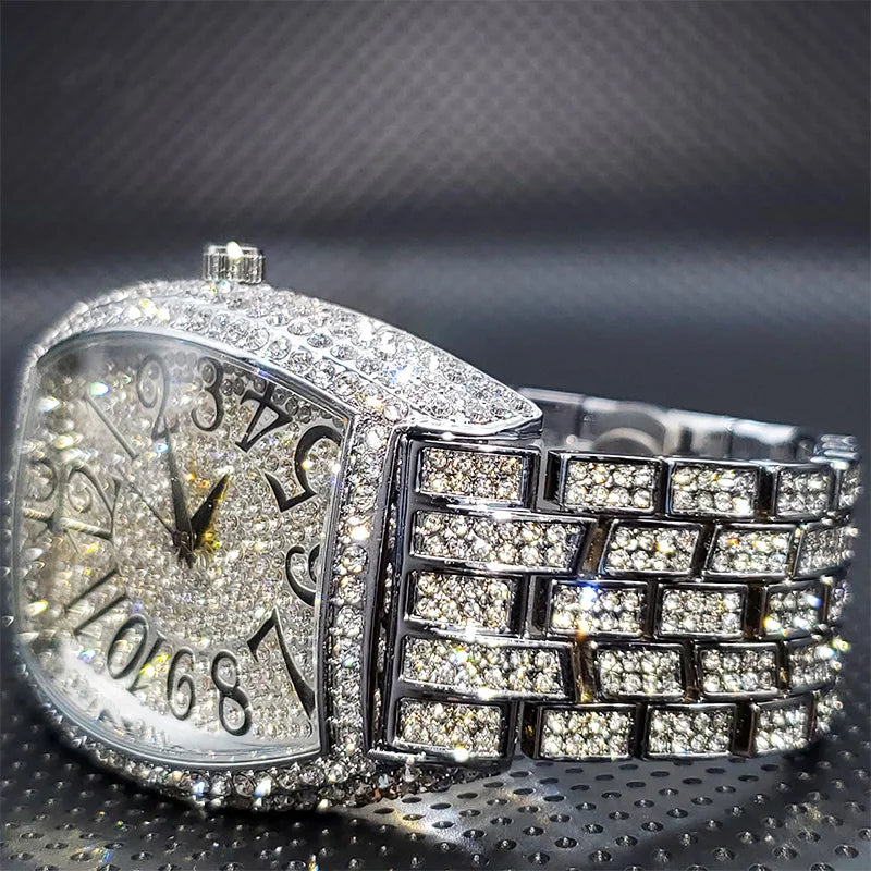 Luxury Stainless Steel Diamond Quartz Watch Silver Iced Out Tonneau Waterproof