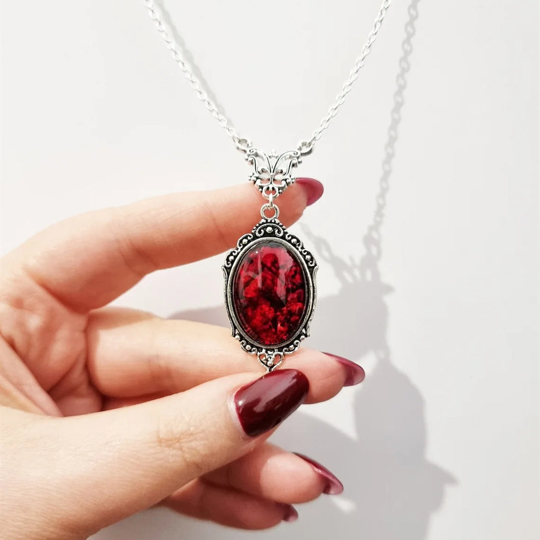 Vintage Gothic Butterfly Necklace – Blood Red Quartz Vampire Jewelry