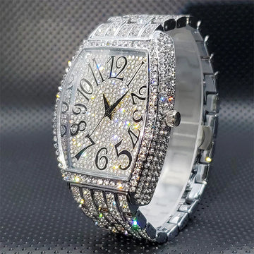 Luxury Stainless Steel Diamond Quartz Watch Silver Iced Out Tonneau Waterproof