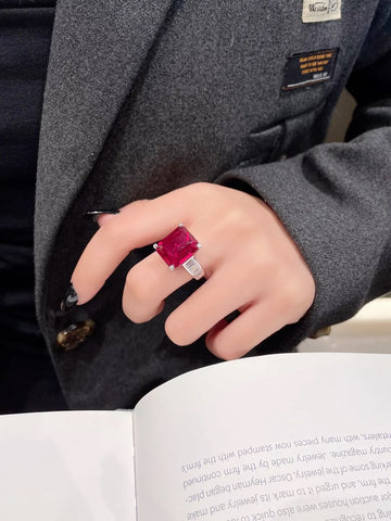 CUMEE Classic Princess Synthetic Ruby Ring Silver Gold Plated Pigeon Blood Red