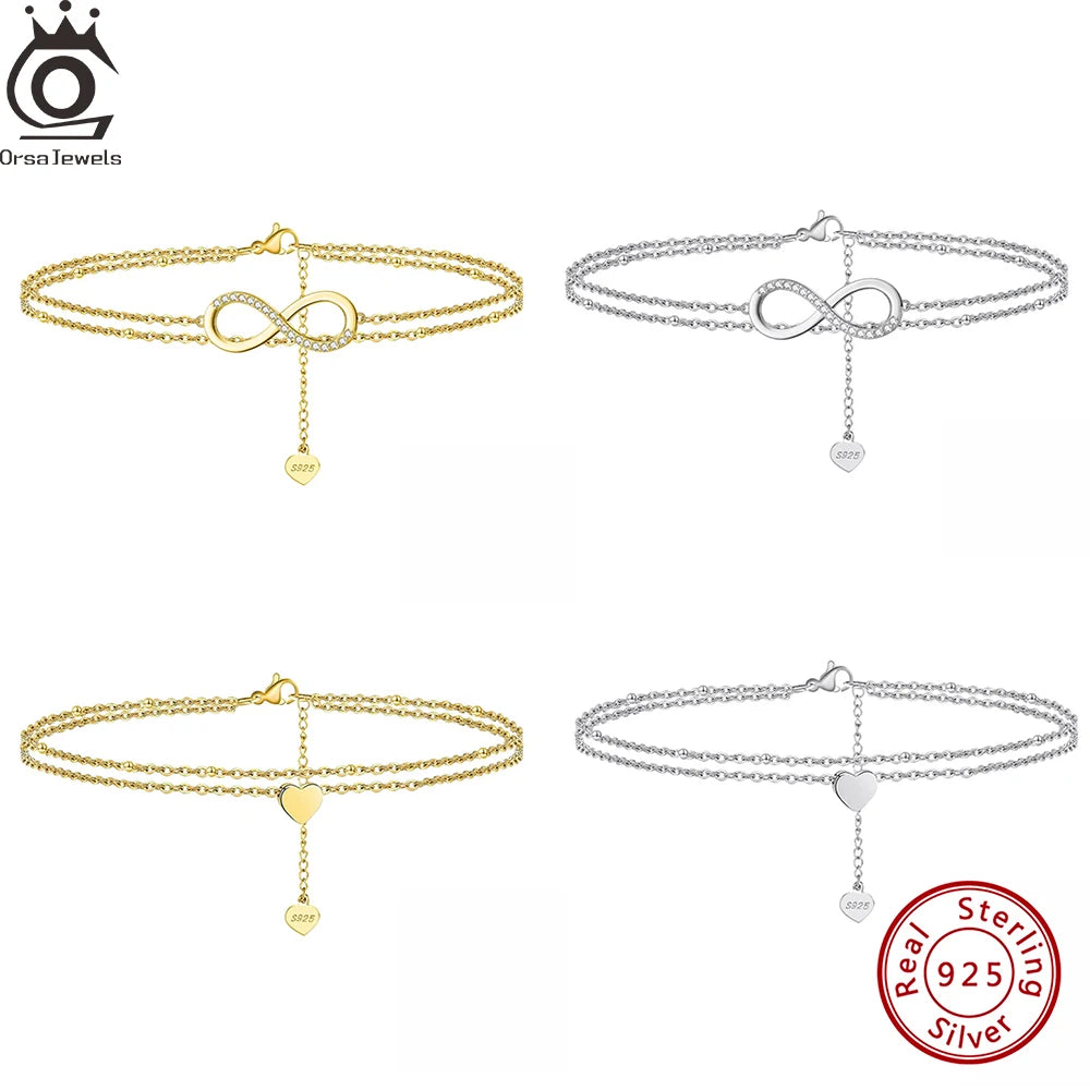 925 Sterling Silver Infinity Heart Anklet with Zircon Charm