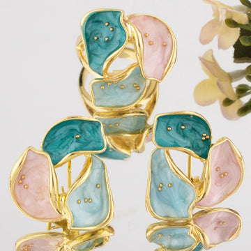 Colorful Half Flower Stud Earrings & Ring Set for Women