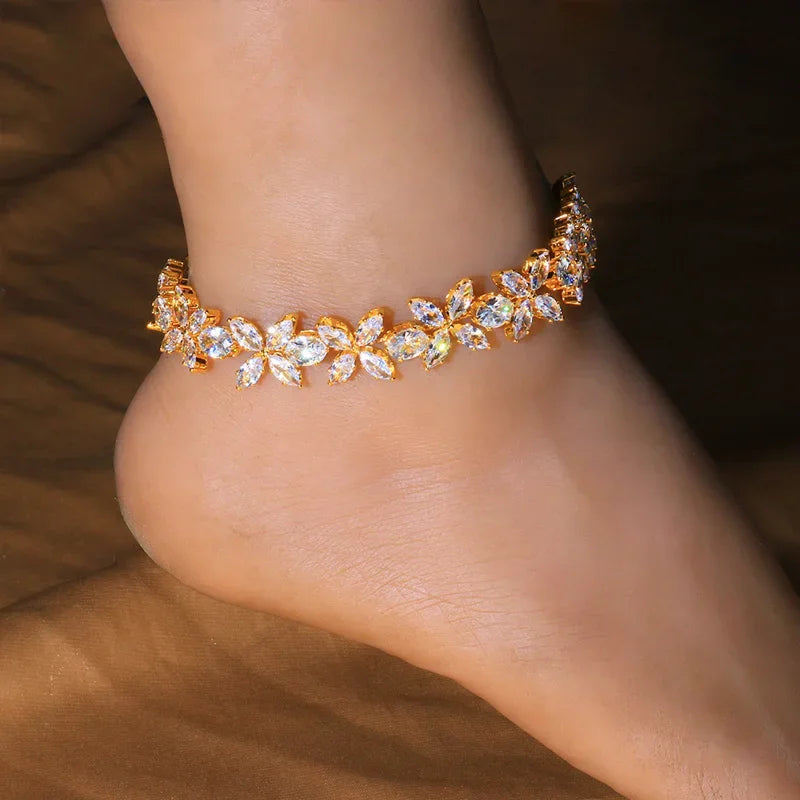 Luxury Flower Cubic Zirconia Anklet – Iced Out Foot Chain Jewelry
