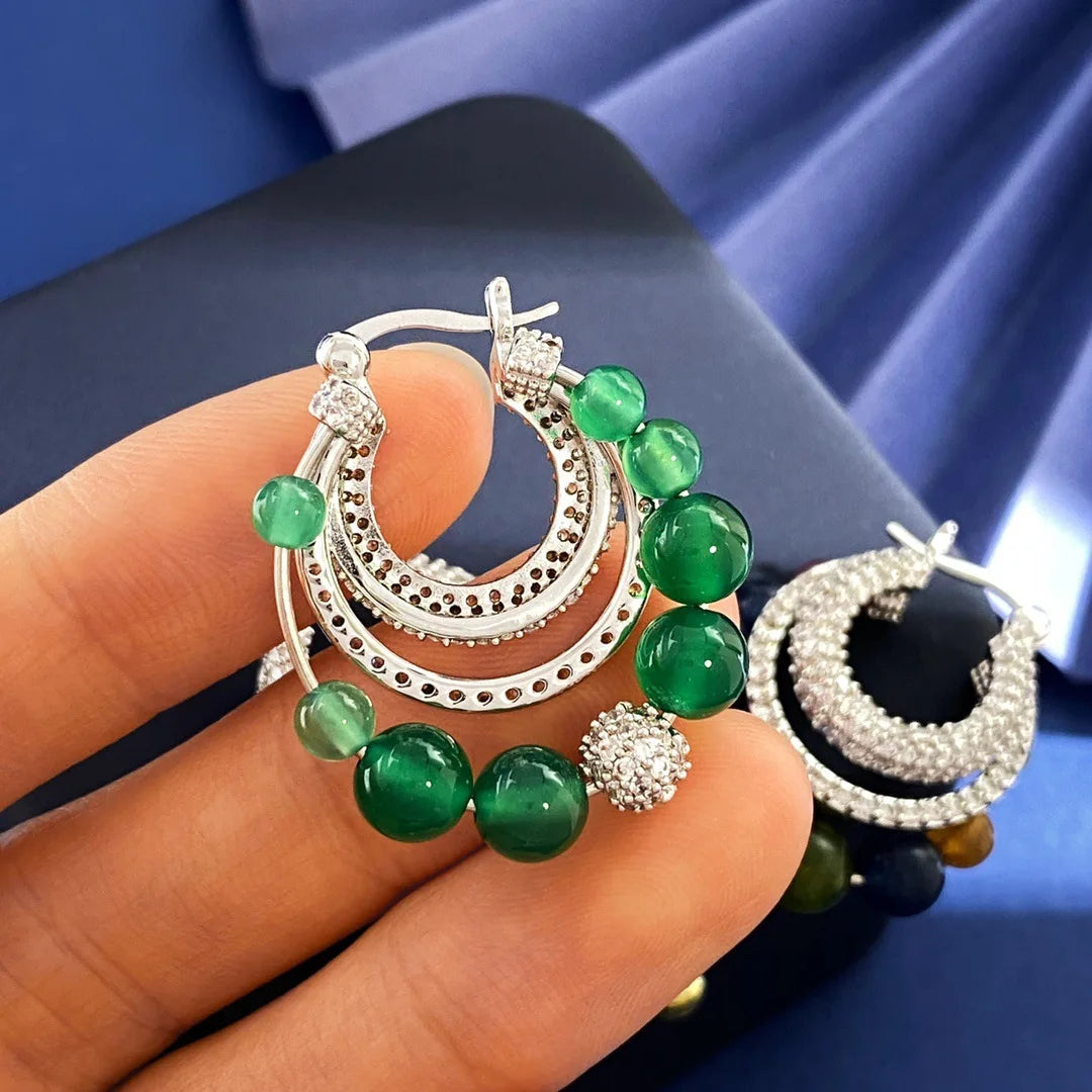 Retro Ethnic Tourmaline Emerald Chalcedony Drop Earrings for Women