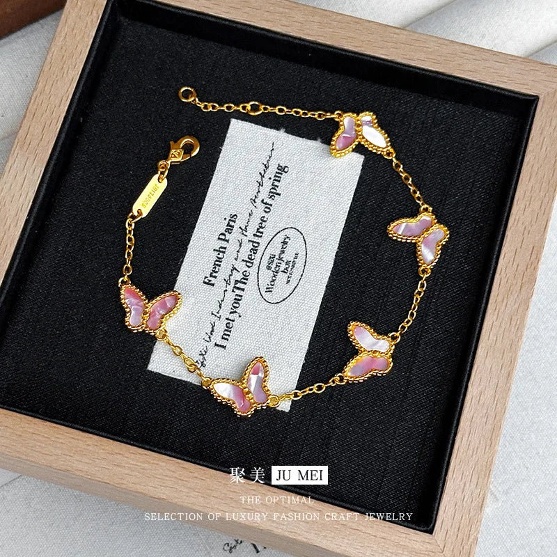 24K Real Gold Five Butterfly Bracelet Mother-Shell Pink Women’s Jewelry