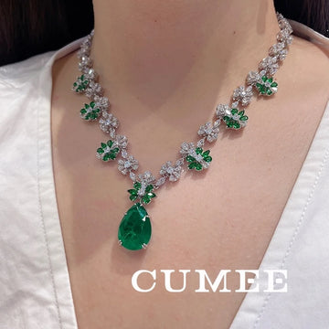 CUMEE Emerald Cubic Zirconia Chain Necklace 925 Sterling Silver Gold-Plated for Women
