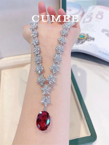 CUMEE Ruby Pendant Necklace 925 Sterling Silver Gold-Plated with Cubic Zirconia