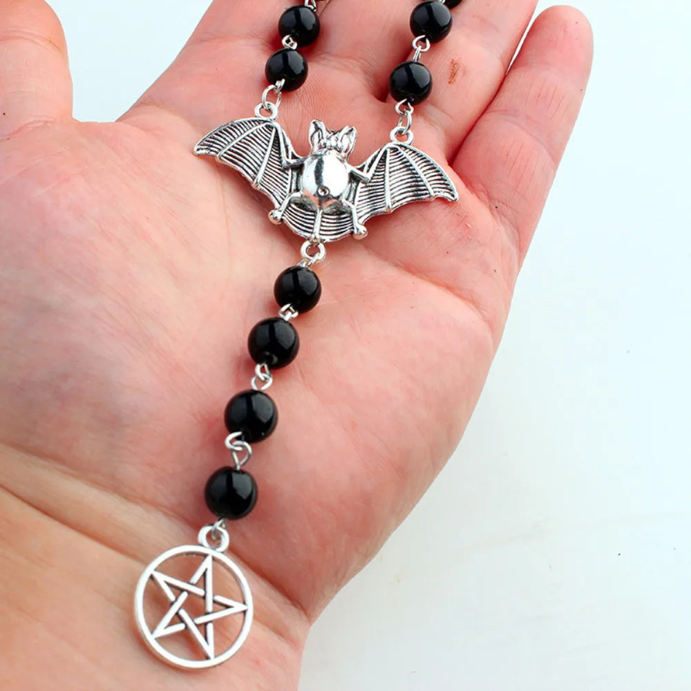 Gothic Silver Bat & Star Pendant Necklace – Black Bead Chain Jewelry