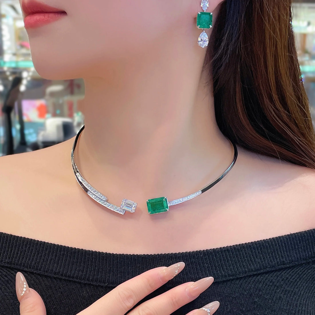 Synthetic Emerald Jewelry Set 925 Silver Gold-Plated Necklace Earrings Ring Summer Design