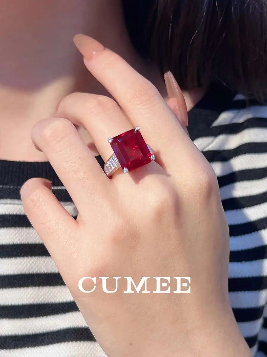 CUMEE Classic Princess Synthetic Ruby Ring Silver Gold Plated Pigeon Blood Red