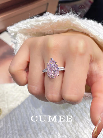 CUMEE S925 Sterling Silver Pear Pink Gemstone Ring for Women Gold Plated