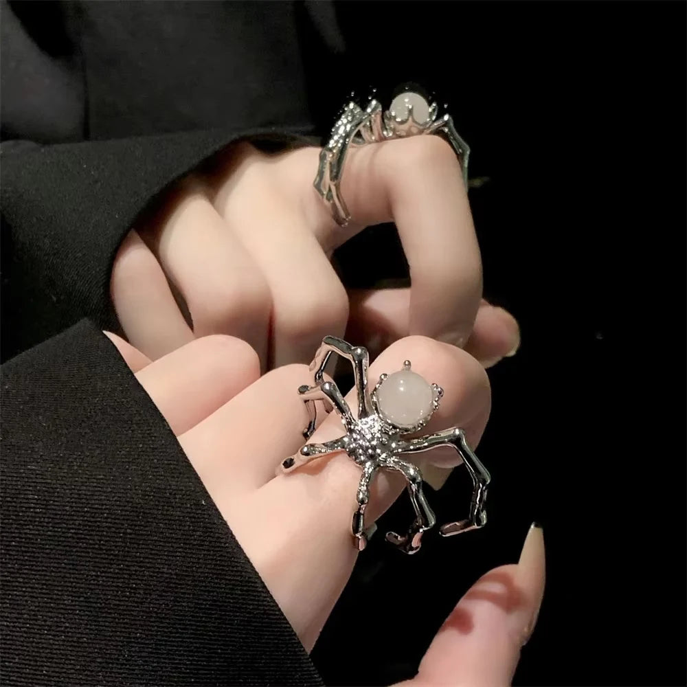 Punk Spider Open Ring – Retro Moonstone Black Ring for Women