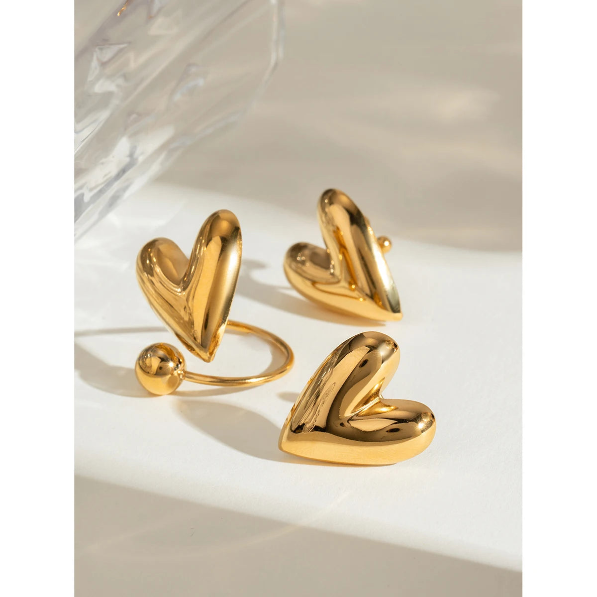 Zora Minimalist Stainless Steel 18K Gold Plated Heart Glossy Earring Open Ring Set Waterproof Attractive Jewelry