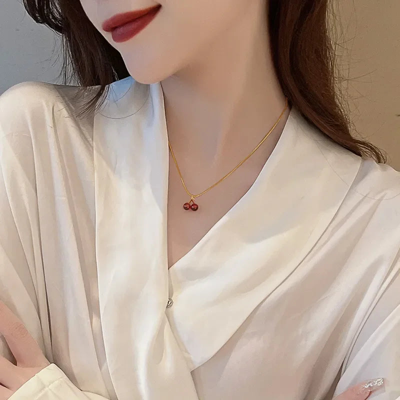 Little Wine Red Cherry Pendant Necklaces for Women Fashion Personality Fruit Golden Chain Necklace Party Jewelry Birthday Gifts